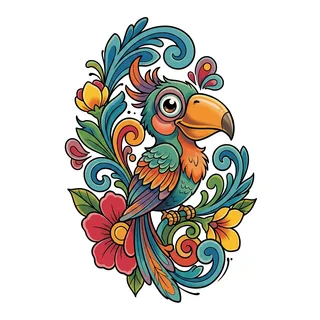 Color new school parrot tattoo design, drawn flat for a thigh tattoo