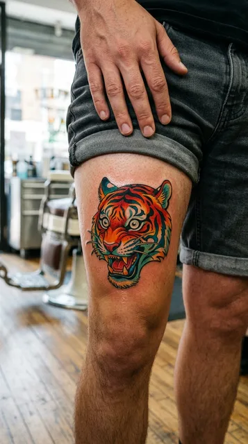 Color new school tiger tattoo on a man's thigh