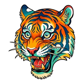 Color new school tiger tattoo design, drawn flat for a thigh tattoo