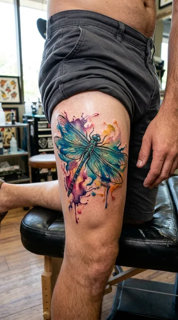 Color watercolor dragonfly tattoo on a man's thigh