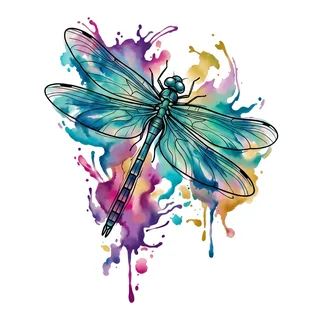 Color watercolor dragonfly tattoo design, drawn flat for a thigh tattoo