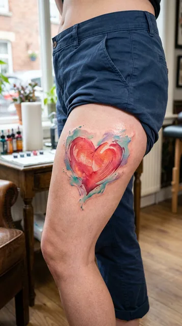 Color watercolor heart tattoo on a woman's thigh