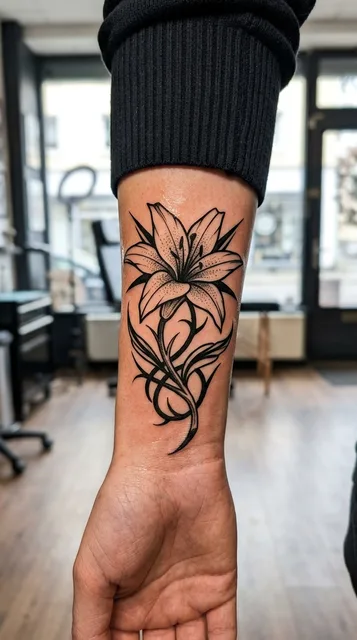 Black and white blackwork lily tattoo on a woman's wrist