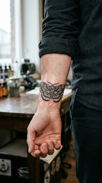 Black and white blackwork moth tattoo on a man's wrist
