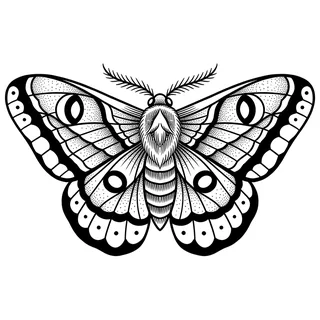 Black and white blackwork moth tattoo design, drawn flat for a wrist tattoo