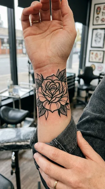 Black and white blackwork rose tattoo on a woman's wrist