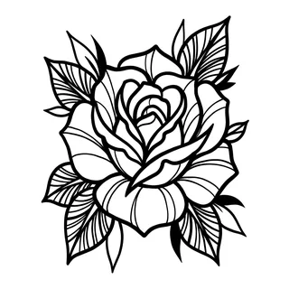 Black and white blackwork rose tattoo design, drawn flat for a wrist tattoo