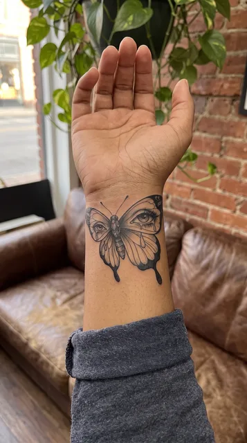 Black and grey dotwork butterfly tattoo on a woman's wrist