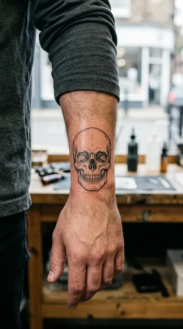 Black and white fine line skull tattoo on a man's wrist