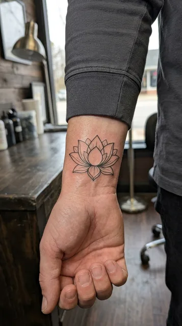 Black and white fine line tattoo on a man's wrist