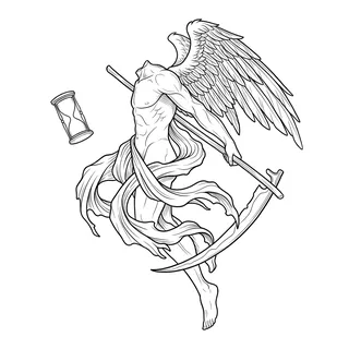 Black and grey illustrative angel tattoo design, drawn flat for a wrist tattoo