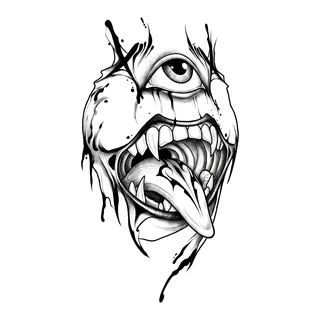 Black and grey illustrative face tattoo design, drawn flat for a wrist tattoo