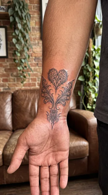 Black and grey ornamental ornament tattoo on a man's wrist