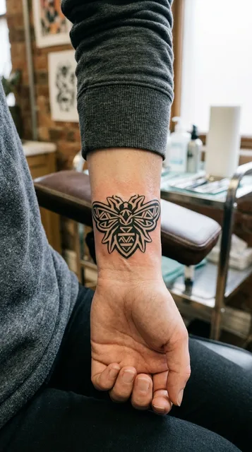 Black and white tribal bee tattoo on a woman's wrist