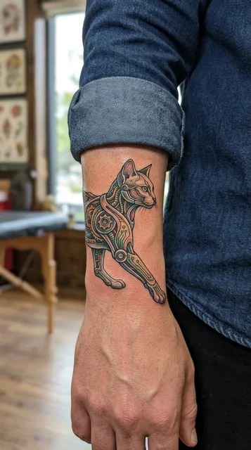 Color biomechanical cat tattoo on a man's wrist