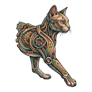 Color biomechanical cat tattoo design, drawn flat for a wrist tattoo
