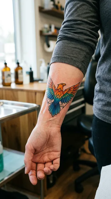 Color geometric phoenix tattoo on a woman's wrist