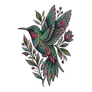 Color neo traditional hummingbird tattoo design, drawn flat for a wrist tattoo