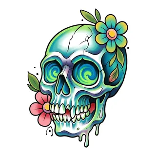 Color new school skull tattoo design, drawn flat for a wrist tattoo