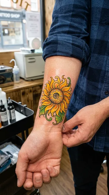 Color new school sunflower tattoo on a man's wrist