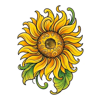 Color new school sunflower tattoo design, drawn flat for a wrist tattoo