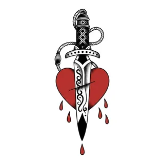 Color traditional dagger heart tattoo design, drawn flat for a wrist tattoo