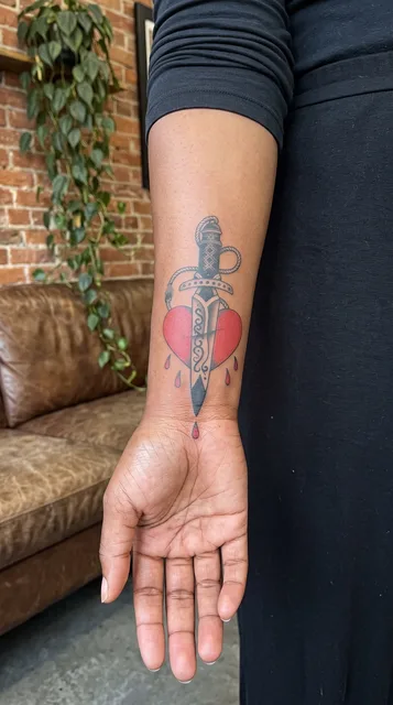 Color traditional dagger heart tattoo on a woman's wrist