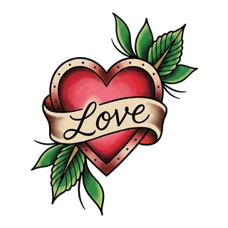 Color traditional heart tattoo design, drawn flat for a wrist tattoo