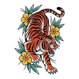 Color traditional tiger tattoo design, drawn flat for a wrist tattoo