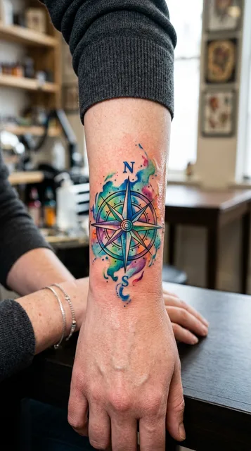 Color watercolor compass tattoo on a woman's wrist