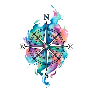 Color watercolor compass tattoo design, drawn flat for a wrist tattoo