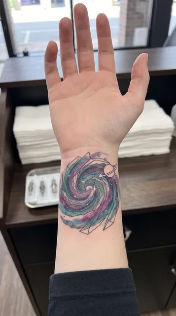 Color watercolor galaxy tattoo on a woman's wrist