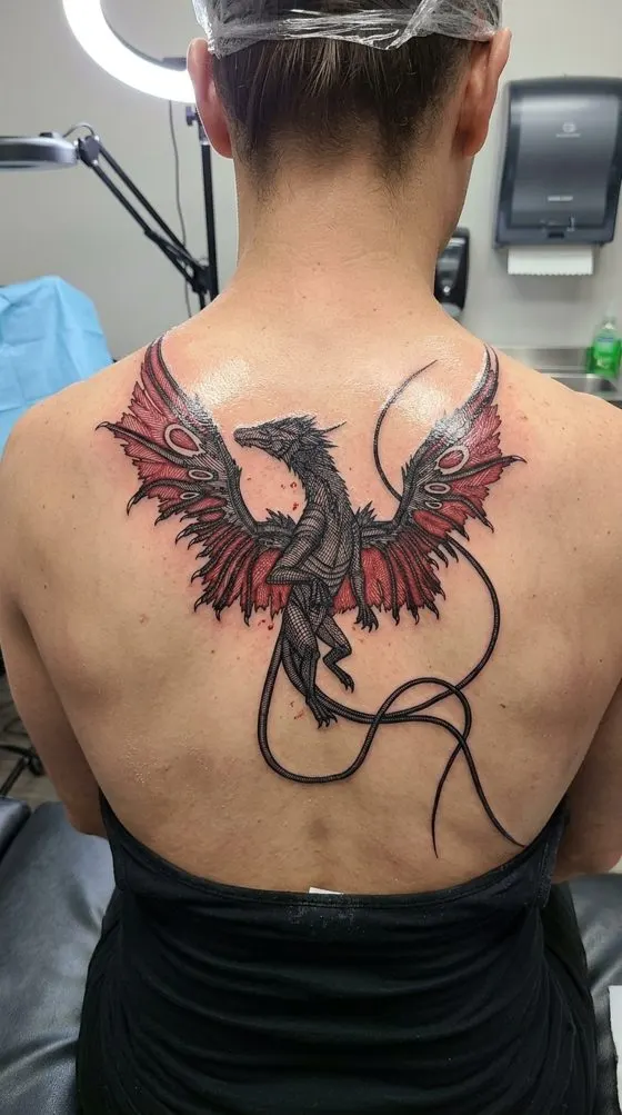 Red and black winged dragon tattoo preview across a woman's upper back