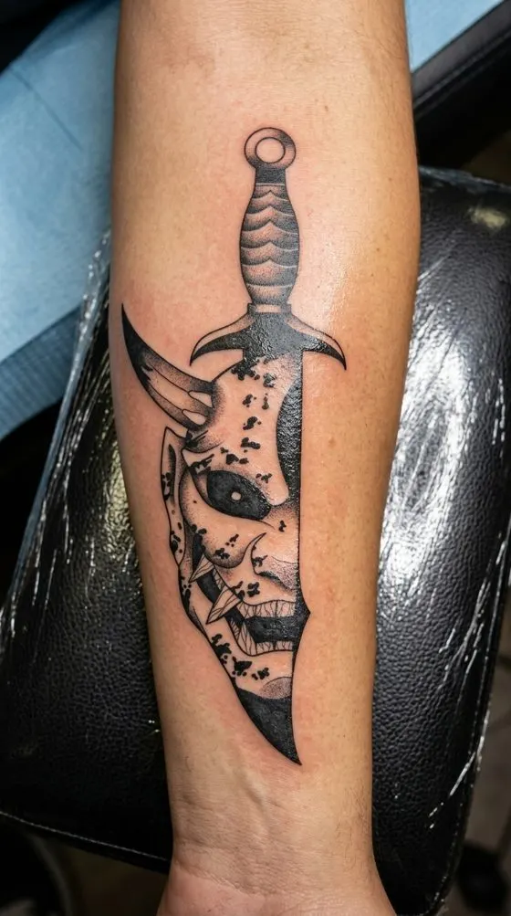 Dagger through a horned demon face, black and grey tattoo preview on a forearm