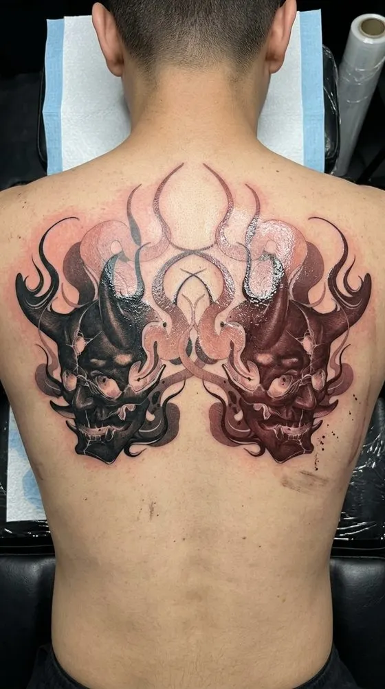 Two hannya masks in flames, red and black tattoo preview covering a man's back