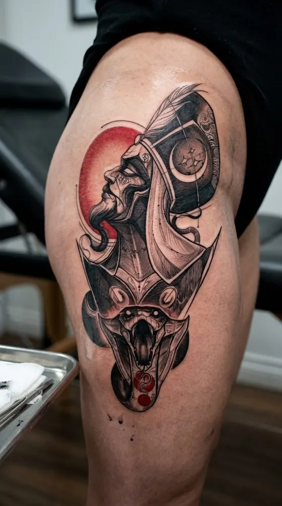 Winged Valkyrie portrait with a red sun, tattoo preview on an outer thigh