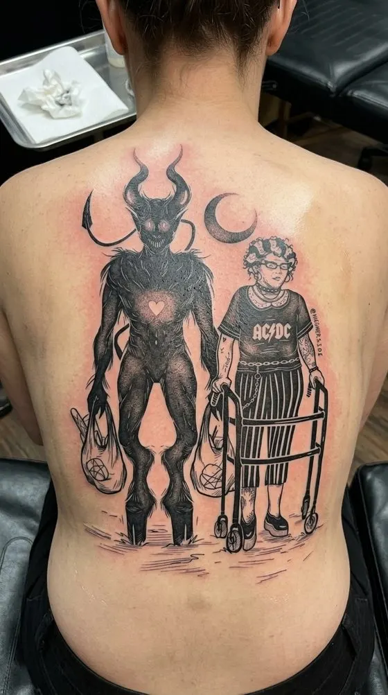 Horned devil beside a grandmother with a walker, blackwork tattoo preview on a back