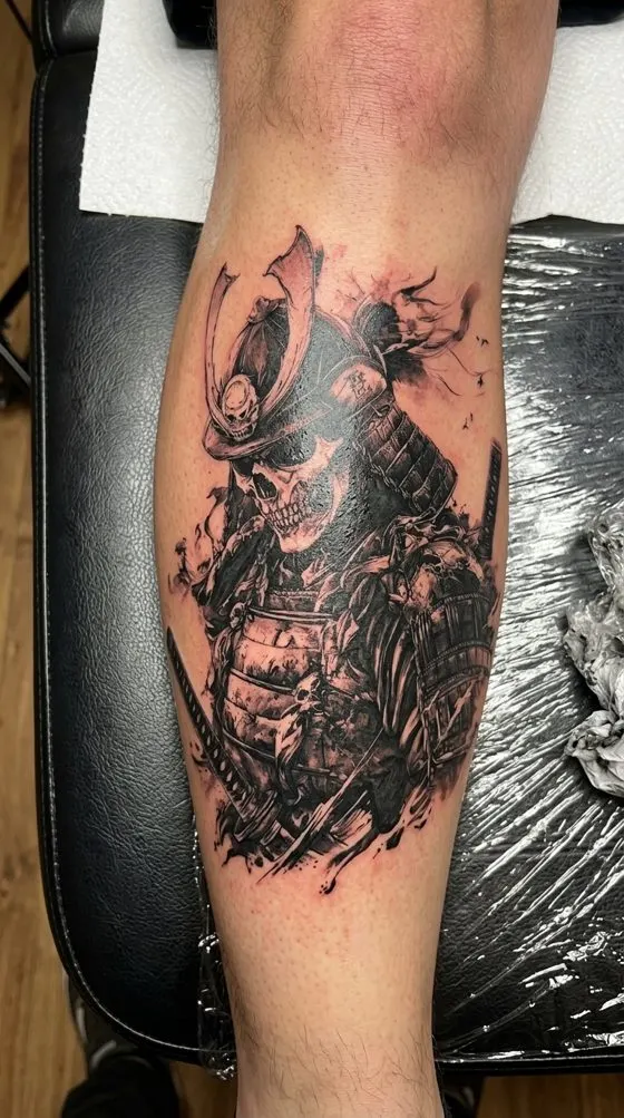 Skull knight in a storm, black and grey tattoo preview on a forearm