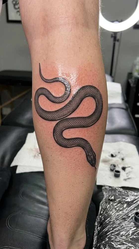 Coiled snake, fine-line tattoo preview along a forearm