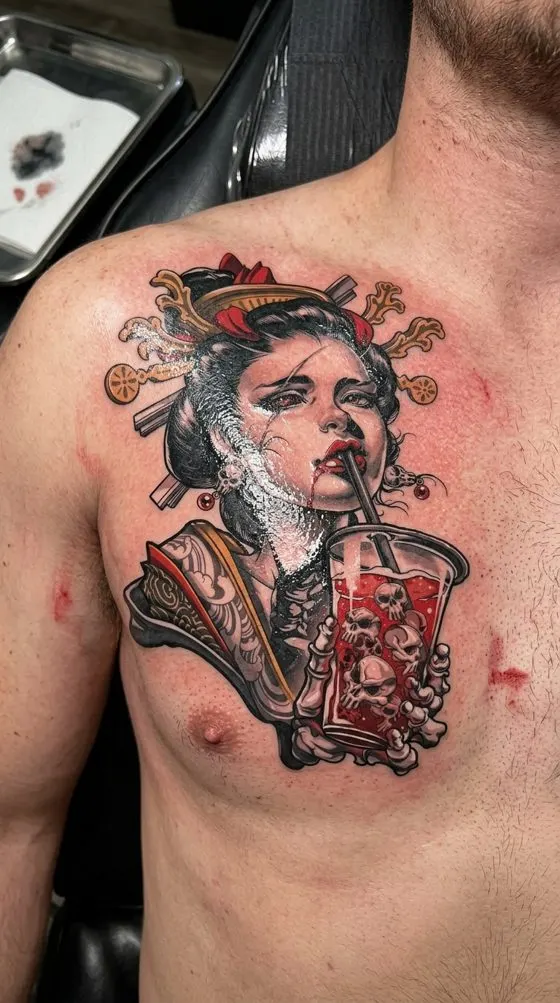Geisha drinking through a straw, neo-traditional tattoo preview on a man's chest