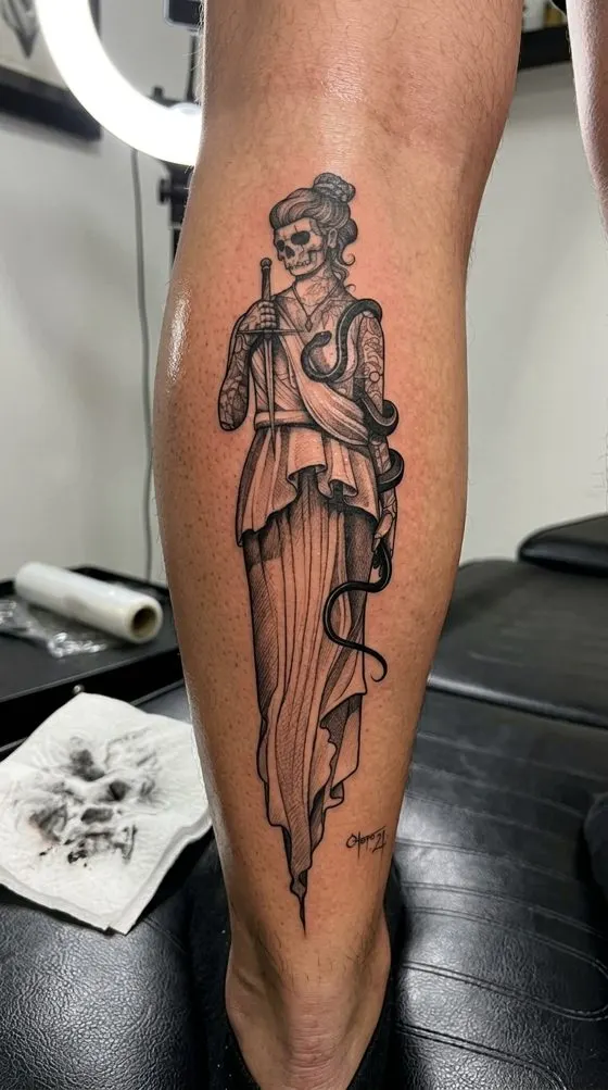 Skeleton in a draped robe, black and grey tattoo preview down a calf