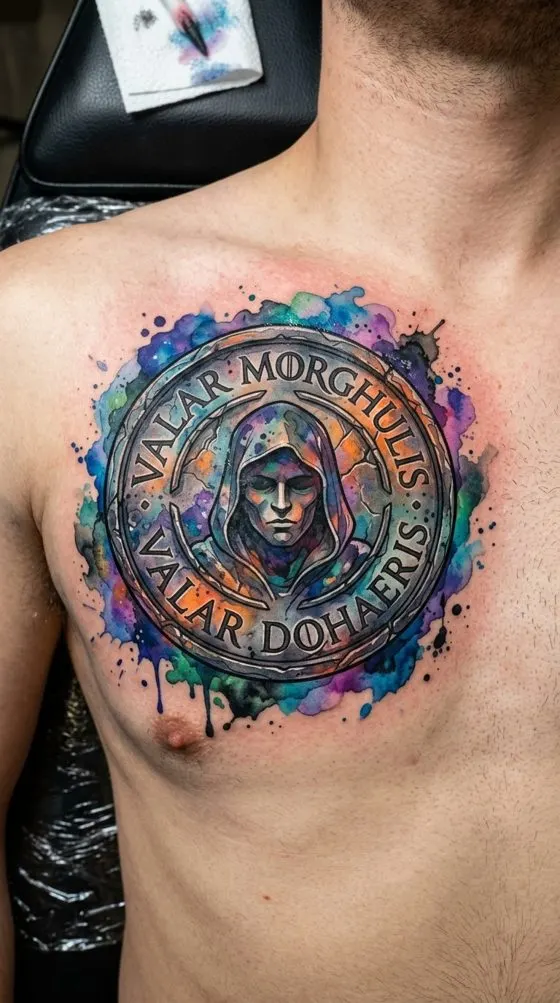 Watercolour coin with a hooded face and "Valar Morghulis", tattoo preview on a chest