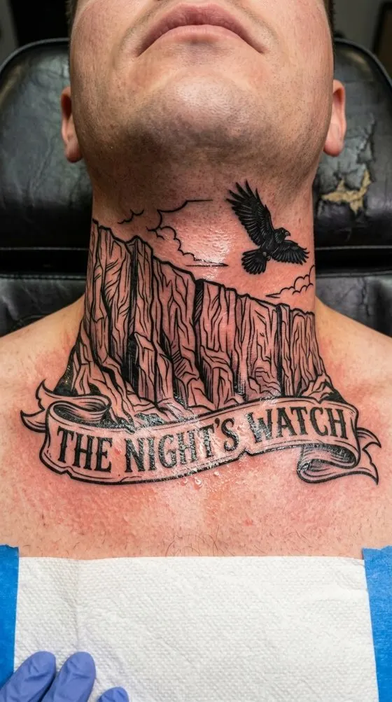 Ice wall with a raven and "The Night's Watch" banner, tattoo preview across a throat