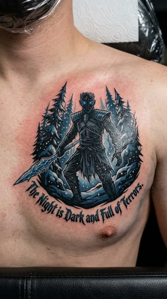 White walker in a snowy forest with a quote, tattoo preview on a man's chest