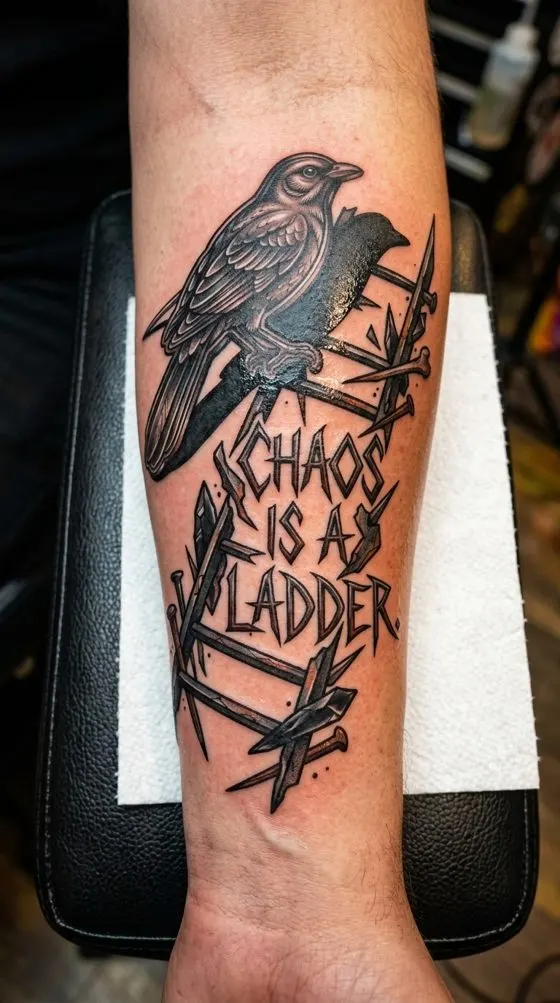 Crow and "Chaos Is a Ladder" lettering, blackwork tattoo preview on a forearm