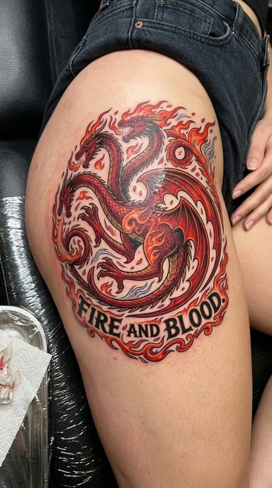 Three-headed dragon in flames with "Fire and Blood", colour tattoo preview on a thigh