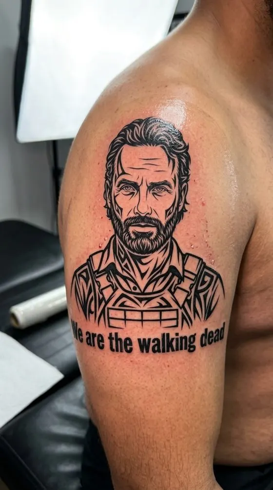Bearded man portrait with "We are the walking dead", tattoo preview on an upper arm