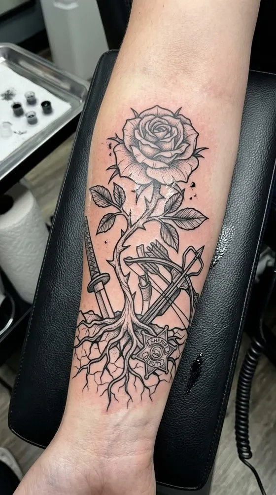 Rose, crossbow and sword, fine-line tattoo preview on an inner forearm