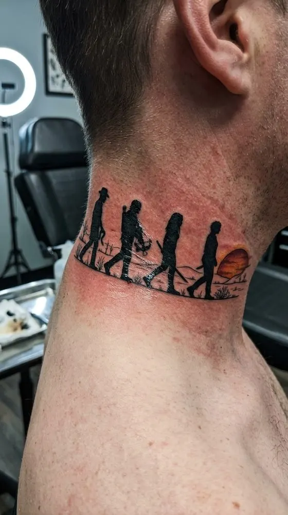 Silhouettes of four figures walking, small tattoo preview on the back of a neck