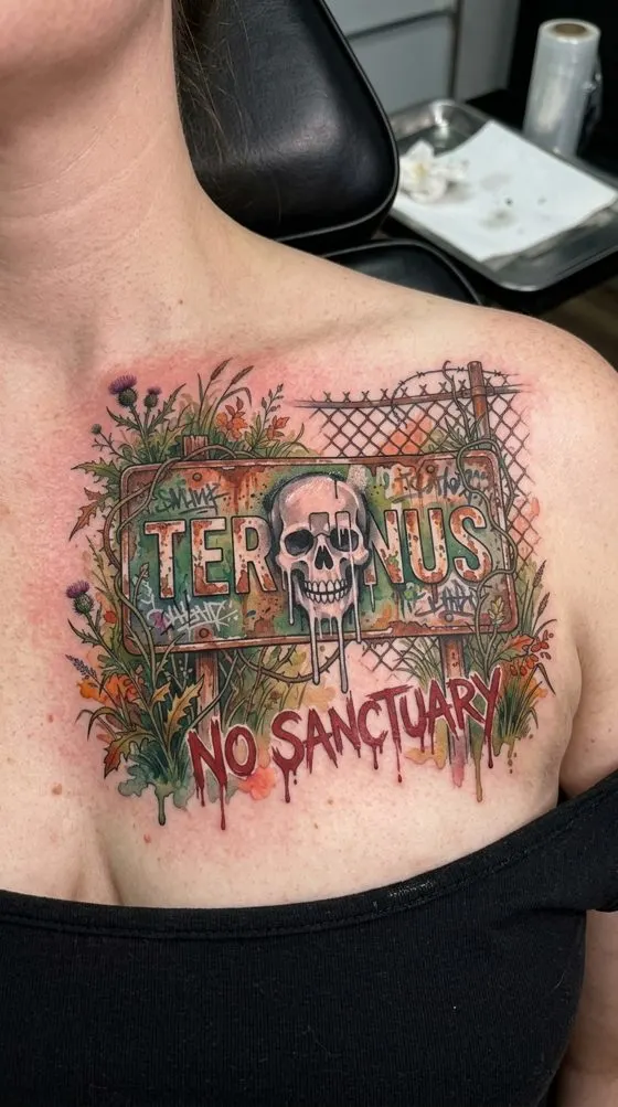 Overgrown "Terminus, No Sanctuary" sign with a skull, colour tattoo preview on a chest